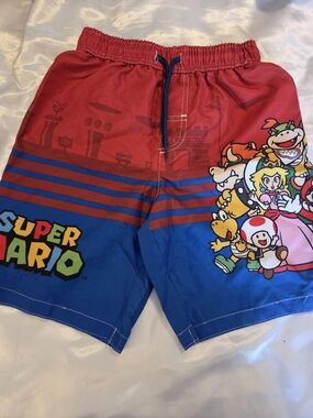 Super Mario Swim Trunks Kids Size L Red Blue Character Swim Shorts